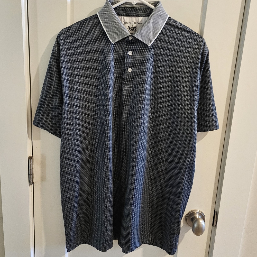 Hickey Freeman Performance Golf Polo Shirt - Navy Geo-Print - Size Large